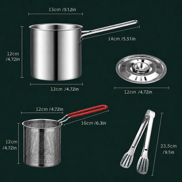 Restaurant-Quality Crispy Frying at Home! Compact Stainless Steel Deep Fryer Pot Set with Basket & Tongs | Oil-Saving, Quick & Easy to Clean for Perfect Family Portions