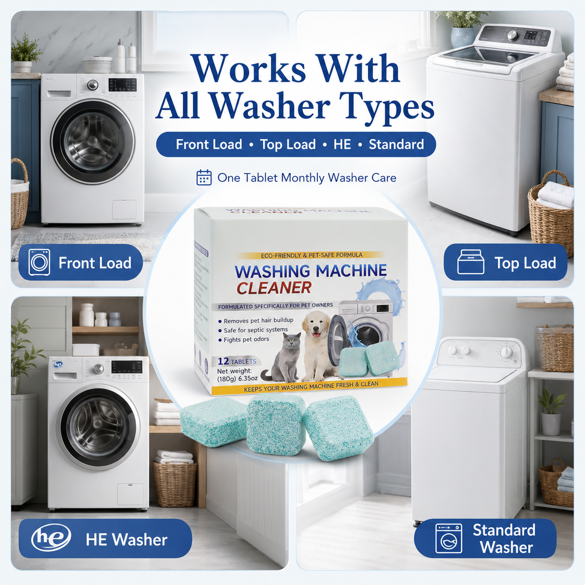 🧼 50% OFF TODAY!✨ 12 Tablets Washing Machine Cleaner – Powerful Pet Hair & Odor Removal 🐱