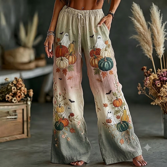 Bohemian Halloween Ghost Pumpkin Wide Leg Pants